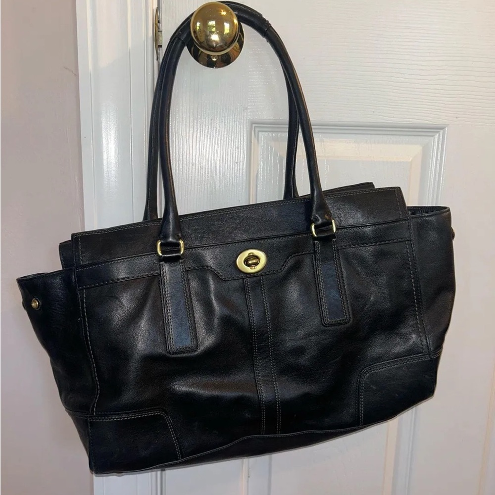 Coach Black Leather Tote with Gold Accents